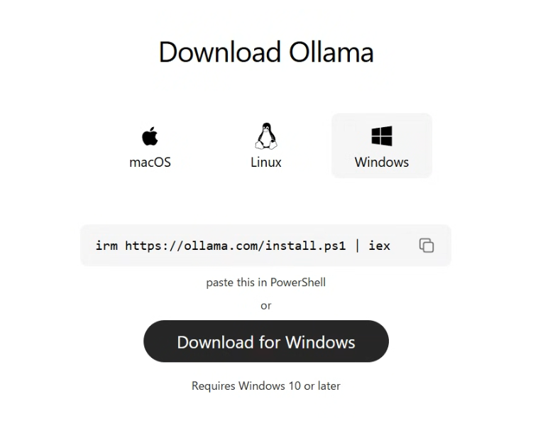 Ollama ダウンロードページ。コマンドは無視して Download for Windows ボタンからダウンロード