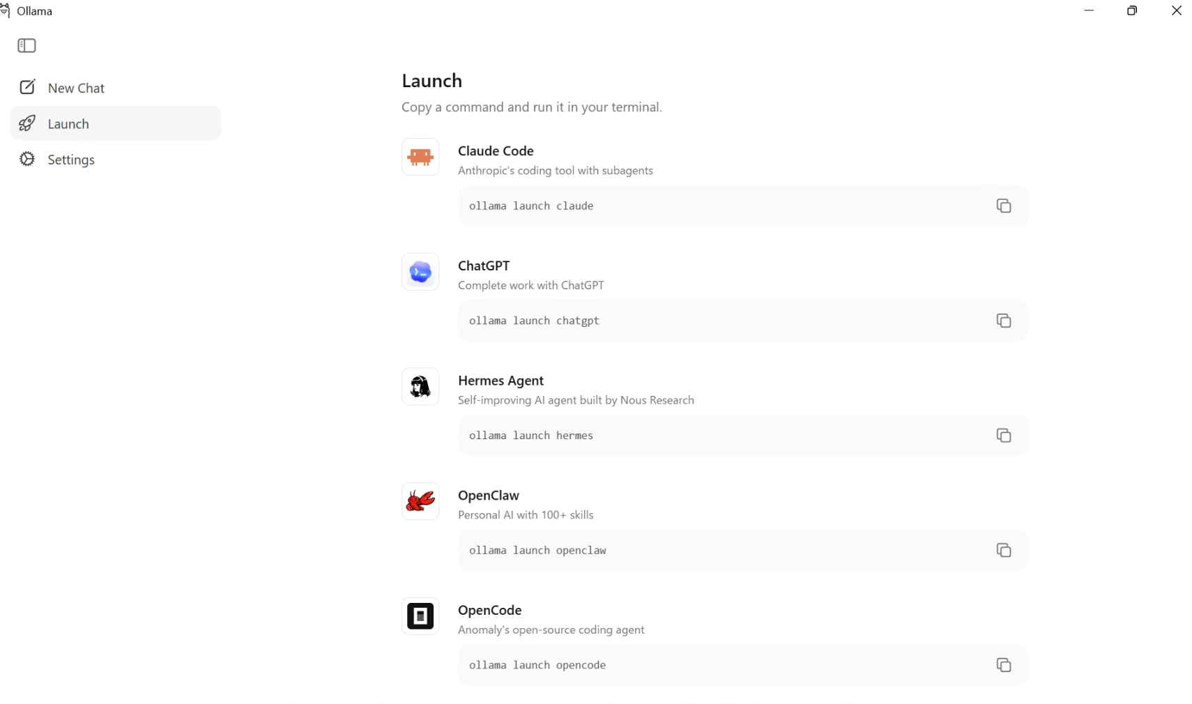 最初に開く Launch 画面。ここは使わず、左メニューの New Chat へ